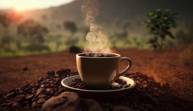 Een kop warme koffie van biologische koffiebonen op een plantage achtergrond Generatieve AI