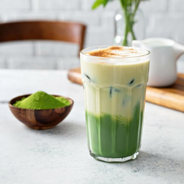 Een kop warme matcha latte op de houten tafel.