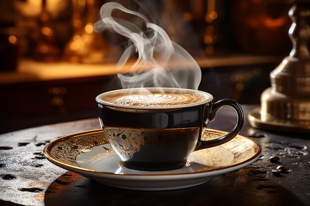 Een kop warme ochtendkoffie op een houten tafel.