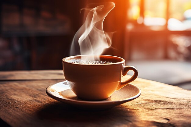 Een kop warme ochtendkoffie op een houten tafel.