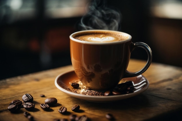 een kop warme stoomende koffie op een zwarte achtergrond