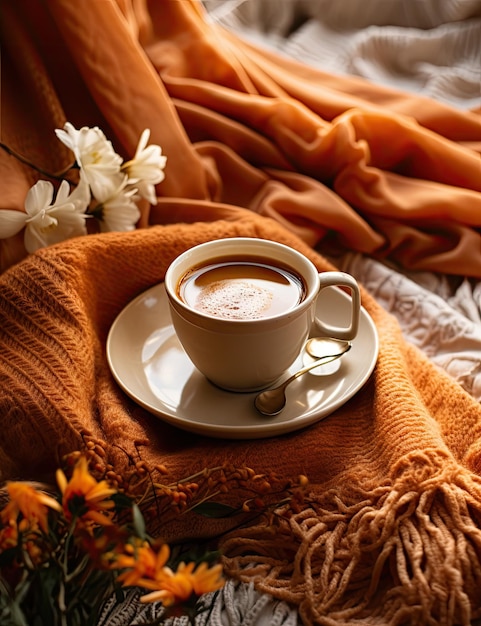 een kopje cappu koffie op een bed met oranje deken en bloemen in de achtergrond foto is genomen van boven