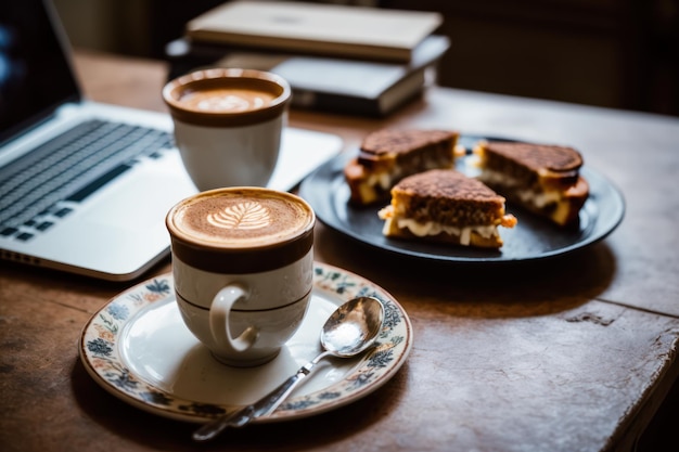 Een kopje cappuccino koffie en ontbijtgebakjes op een houten tafel met een laptopcomputer voor werk en accessoires
