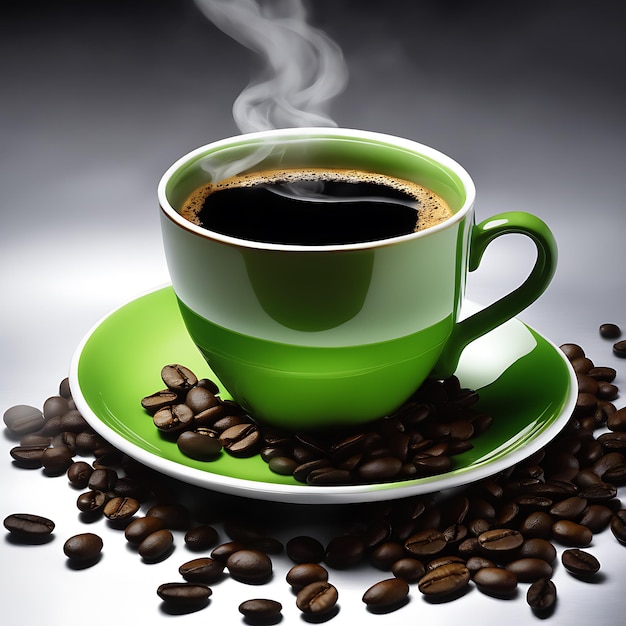 Een kopje geurige koffie op een schotel koffiebonen en takjes groen koffieplantblad ernaast
