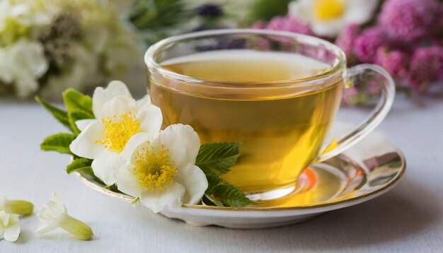 Foto een kopje groene thee en bloemen.