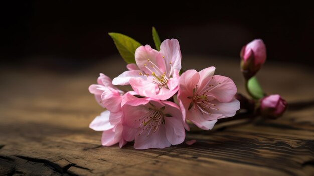 Een kopje kersenbloesems op een houten tafel