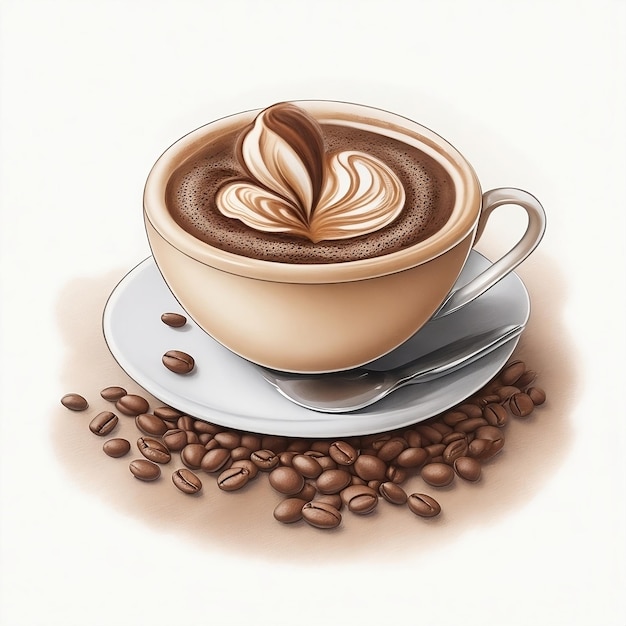 Een kopje koffie cappuccino met bonen op een witte achtergrond