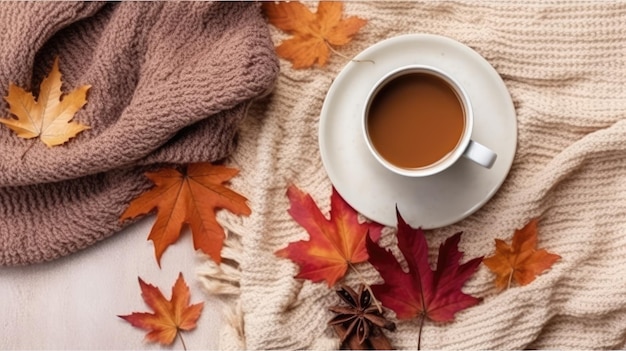 Een kopje koffie, een gebreide deken en herfstbladeren op een zachte witte houten achtergrond