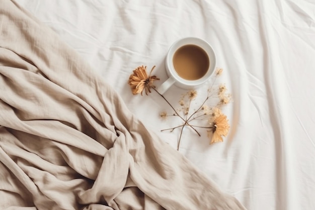 Een kopje koffie en bloemen op een bed