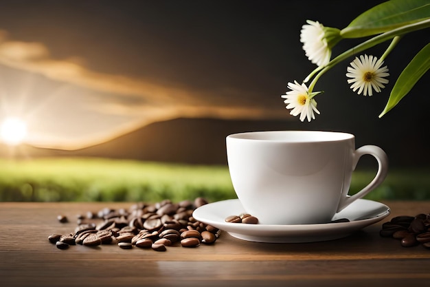 Een kopje koffie en bloemen op een tafel met een veld op de achtergrond