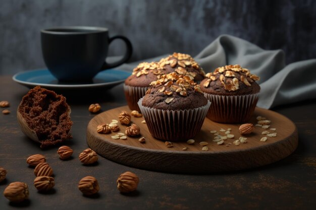 Een kopje koffie en een chocolademuffin met noten op een houten bord