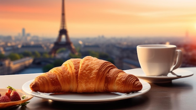 Een kopje koffie en een croissant op een tafel met een kopje koffie.