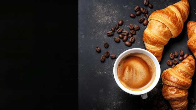 Een kopje koffie en een croissant op een zwarte achtergrond