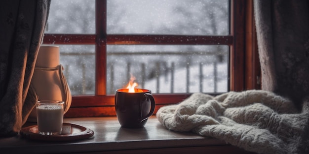 Een kopje koffie en een kaars op een vensterbank Generatief AI-beeld