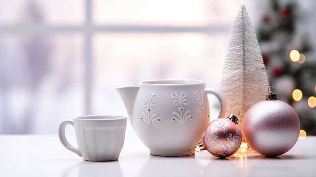 Een kopje koffie en een kerstboom op de witte tafel in de kamer generativa IA