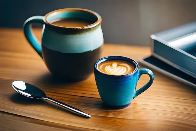 Een kopje koffie en een lepel op een tafel naast een boek.