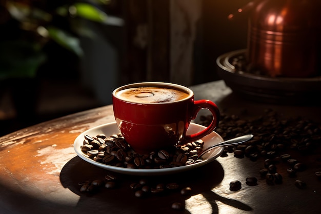 een kopje koffie en koffiebonen op tafel gemaakt door generatieve AI-technologie