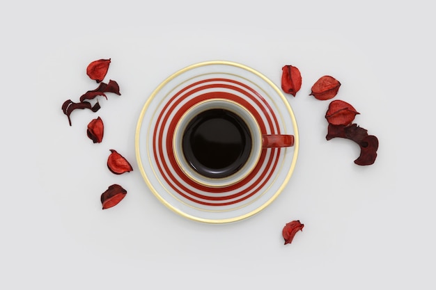 Een kopje koffie met bloemblaadjes op tafel