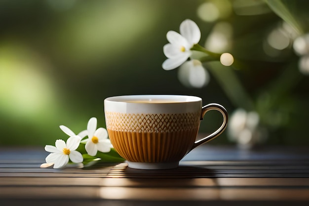 Een kopje koffie met bloemen op de achtergrond
