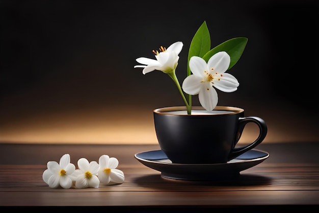 Een kopje koffie met bloemen op tafel