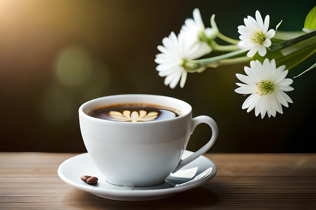 Een kopje koffie met bloemen op tafel