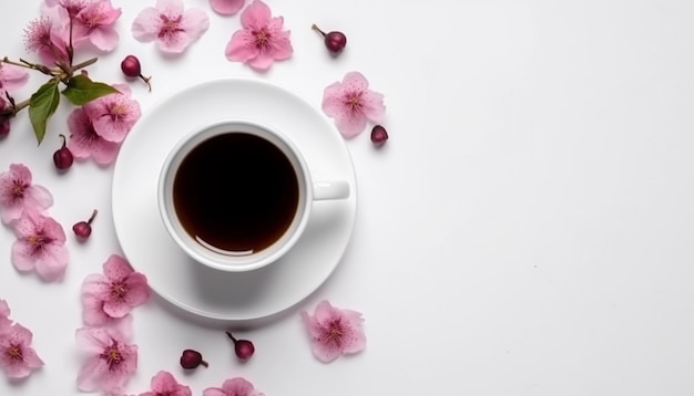 Een kopje koffie met bloemen op tafel