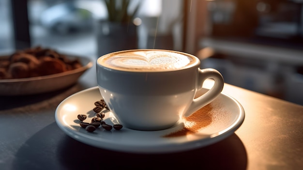 Een kopje koffie met bonen verspreid over een bord in een coffeeshopGemaakt met generatieve AI-technologie