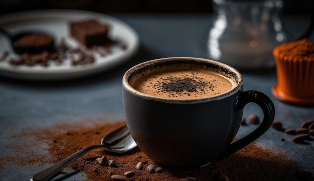 Een kopje koffie met chocolade op tafel