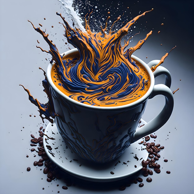 Een kopje koffie met een blauwe en oranje vloeistof die eruit spat.