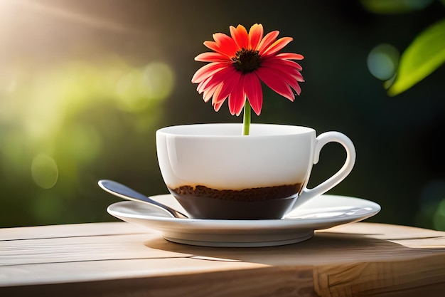 Een kopje koffie met een bloem erin