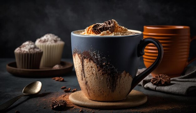 Een kopje koffie met een chocolade mokka latte erbij