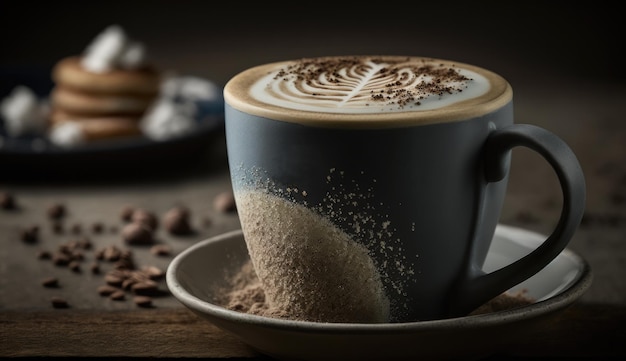 Een kopje koffie met een chocolate chip cookie erbij.