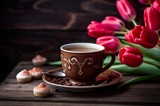 Een kopje koffie met een hartvormige rode tulpen op de achtergrond