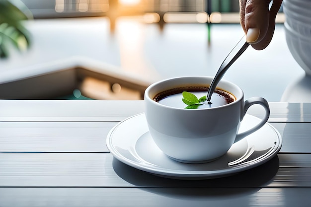 Een kopje koffie met een lepel erin