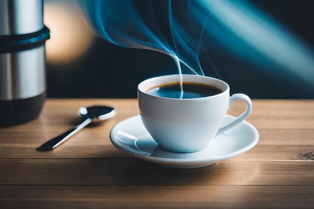 Foto een kopje koffie met een lepel op een houten tafel