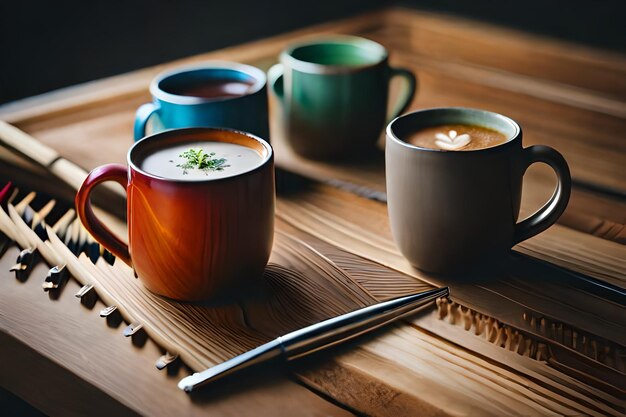 Foto een kopje koffie met een lepel op een houten tafel