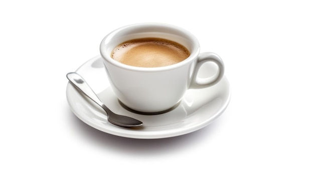 Foto een kopje koffie met een lepel op een witte achtergrond.