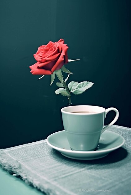 Een kopje koffie met een roos erop