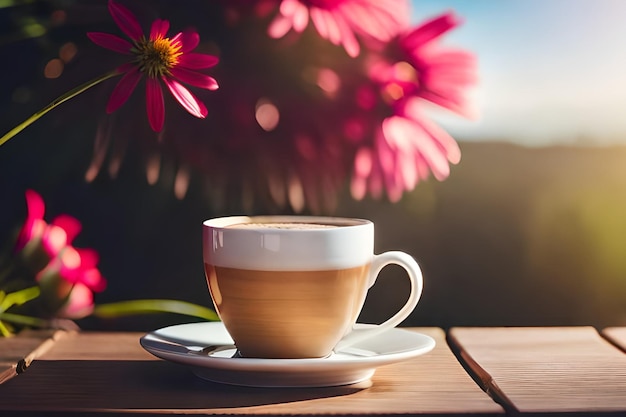 Een kopje koffie met een roze bloem erachter