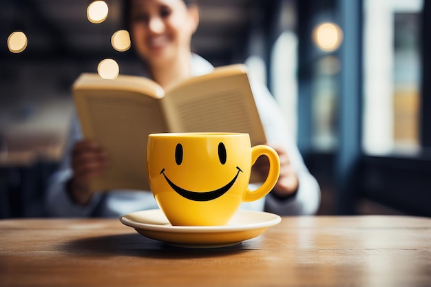 Een kopje koffie met een smiley naast een meisje dat een boek leest Positieve stemming