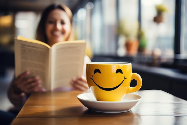 Een kopje koffie met een smiley naast een meisje dat een boek leest. Positieve stemming