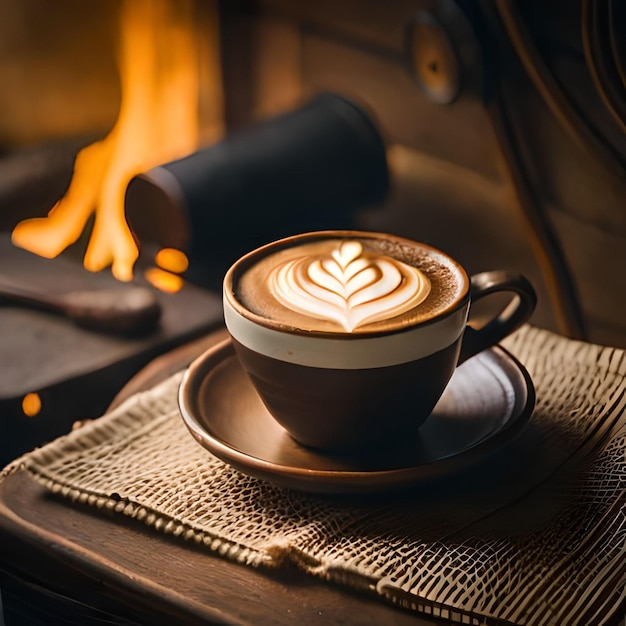 Een kopje koffie met een vuurtje op de achtergrond.