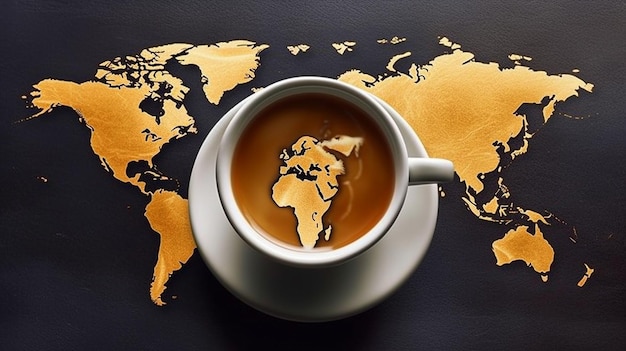 Foto een kopje koffie met een wereldkaart op de achtergrond.