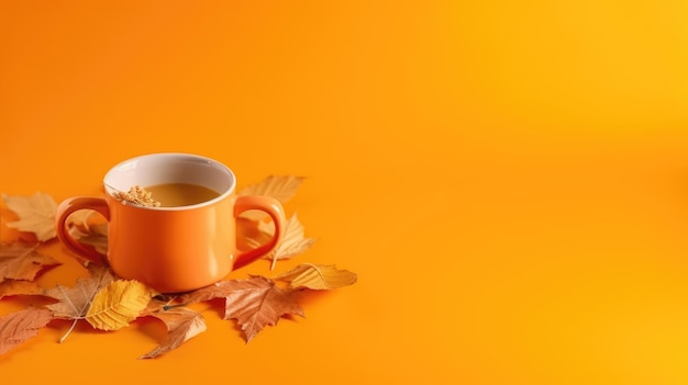 Een kopje koffie met herfstbladeren op een gele achtergrond