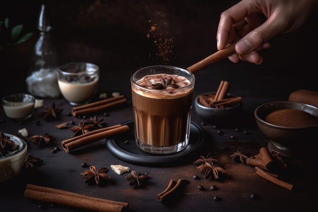 Een kopje koffie met kaneelstokjes erop gestrooid