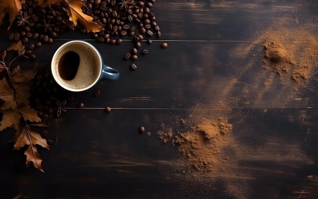 Een kopje koffie met koffiebonen op een donkere houten tafel.