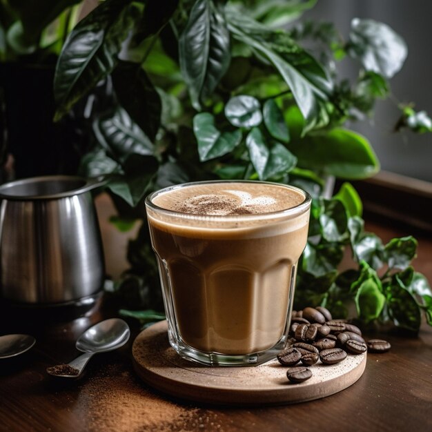 Een kopje koffie met koffiebonen op een houten tafel.