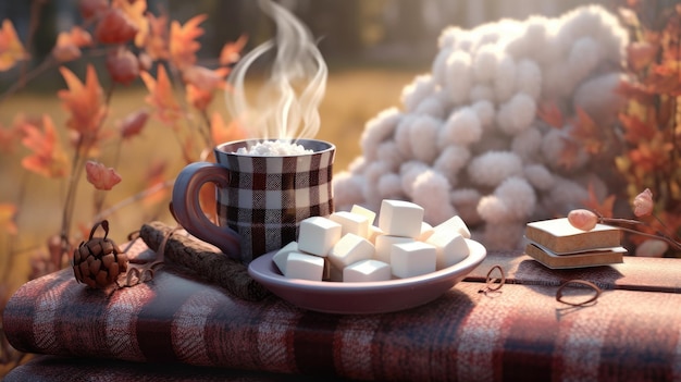 Een kopje koffie met marshmallows op een geruite deken.