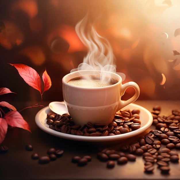 een kopje koffie met rode bladeren op een tafel