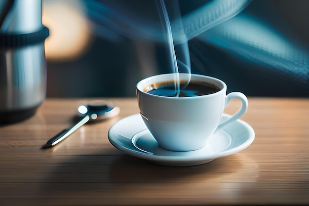 Foto een kopje koffie met stoom die van bovenaf opstijgt